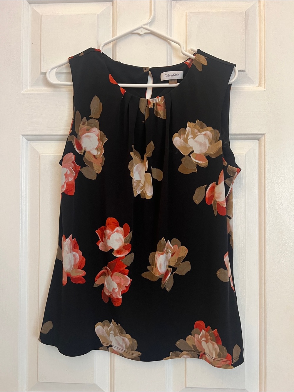 Calvin Klein Black Floral Sleeveless Camisole with Red and Cream Blooms